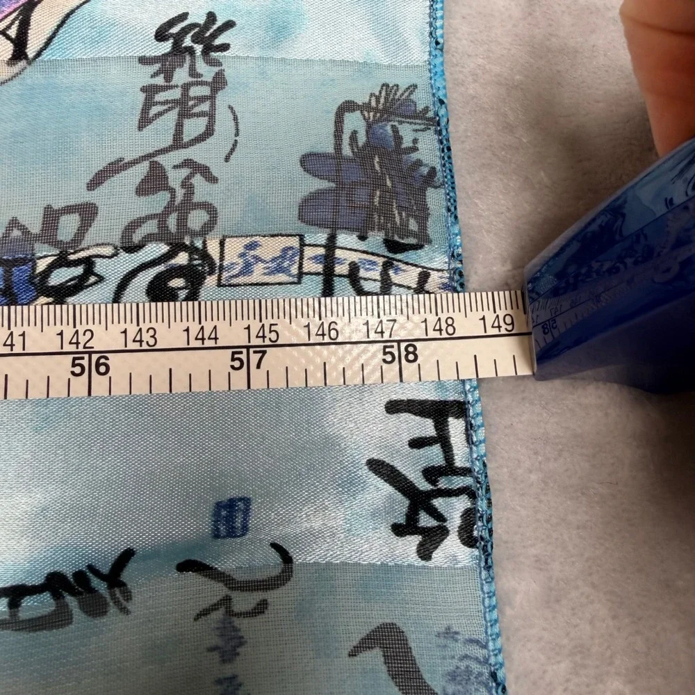 Space Age Blue Geisha Japanese Calligraphy Sheer Rectangle Scarf Made in Korea